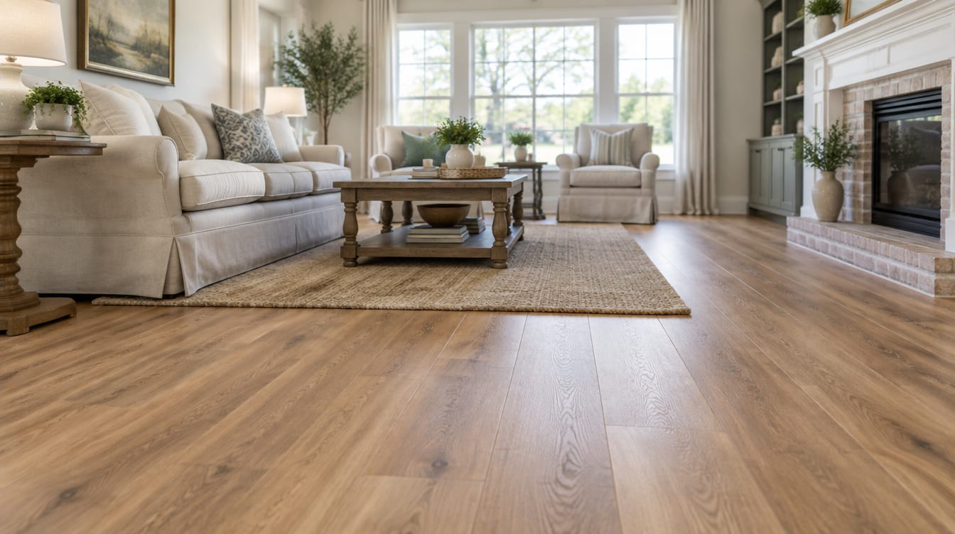 Living room with wide luxury vinyl plank flooring in a warm oak tone