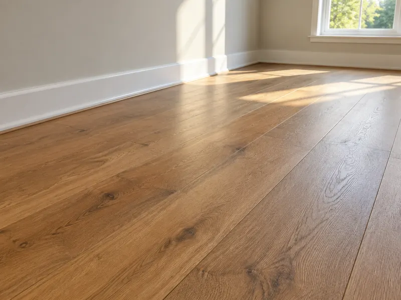 Wide plank wood-look flooring installed in a sunlit room with clean baseboard trim